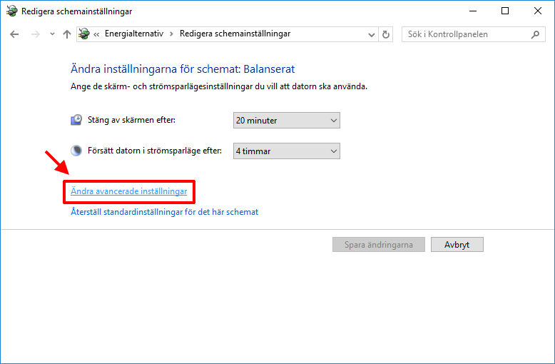 Windows 10 - Energialternativ - Ändra avancerade inställningar