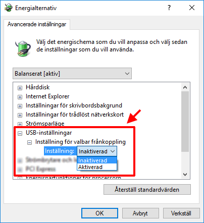 Windows - Energialternativ - USB-inställningar - Valbar frånkoppling